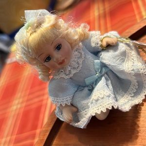 Vintage 4” Victorian Porcelain Doll in Blue Dress Painted on Shoes
